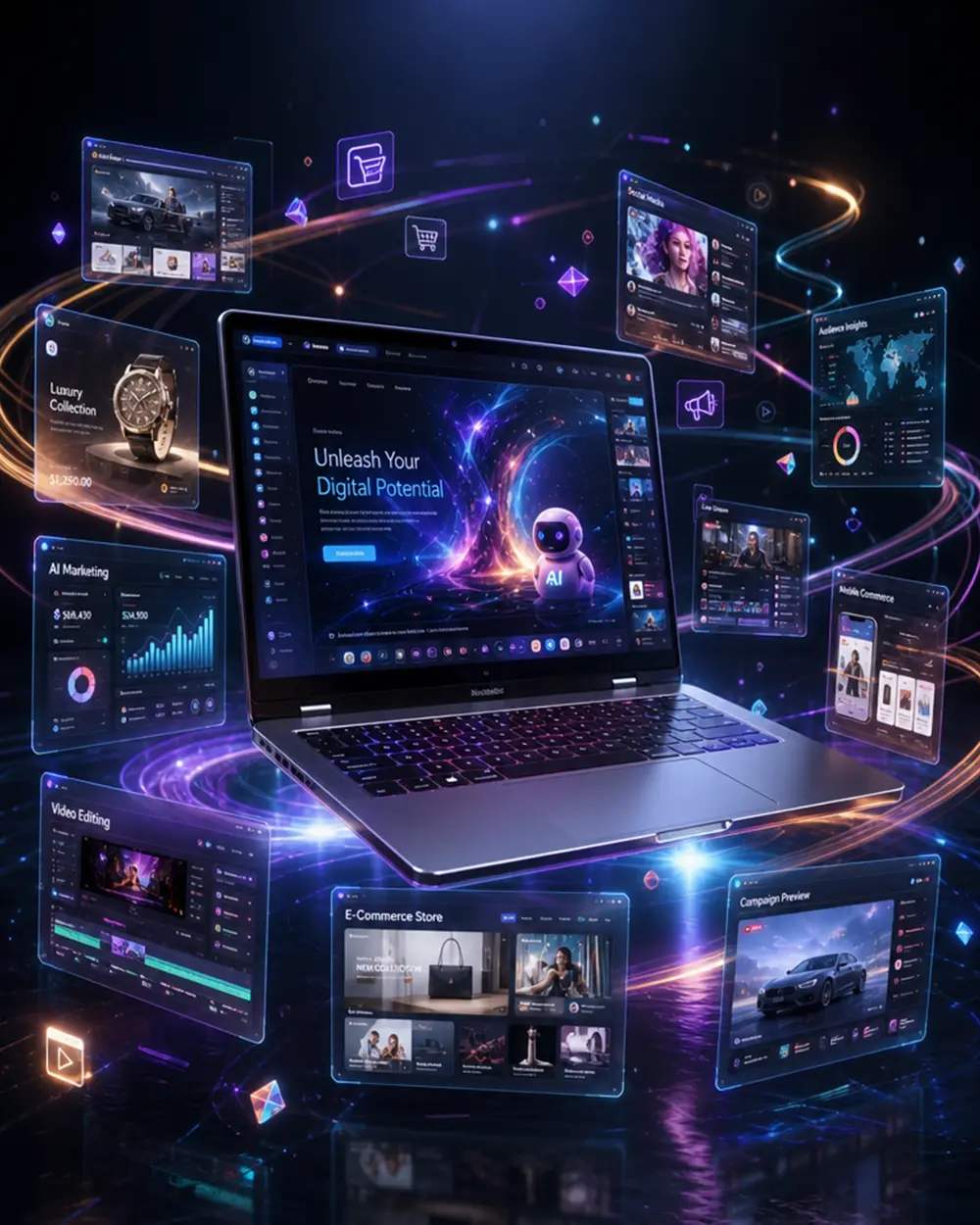 Why e-commerce and multimedia matter featuring online shopping, product visuals, mobile-friendly stores, video content, and business growth solutions.
